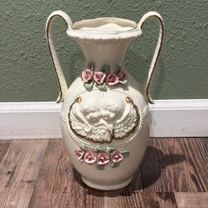 Vintage Porcelain White Raised Flowers Double Handle Cherub Vase 10.25" Angels